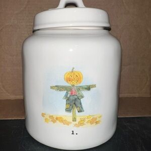 Rae Dunn White Canister with Pumpkin Scarecrow Design